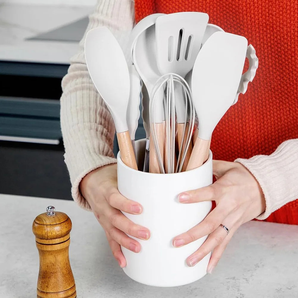 2PCS Silicone Kitchen Utensil Set with Wooden Handles