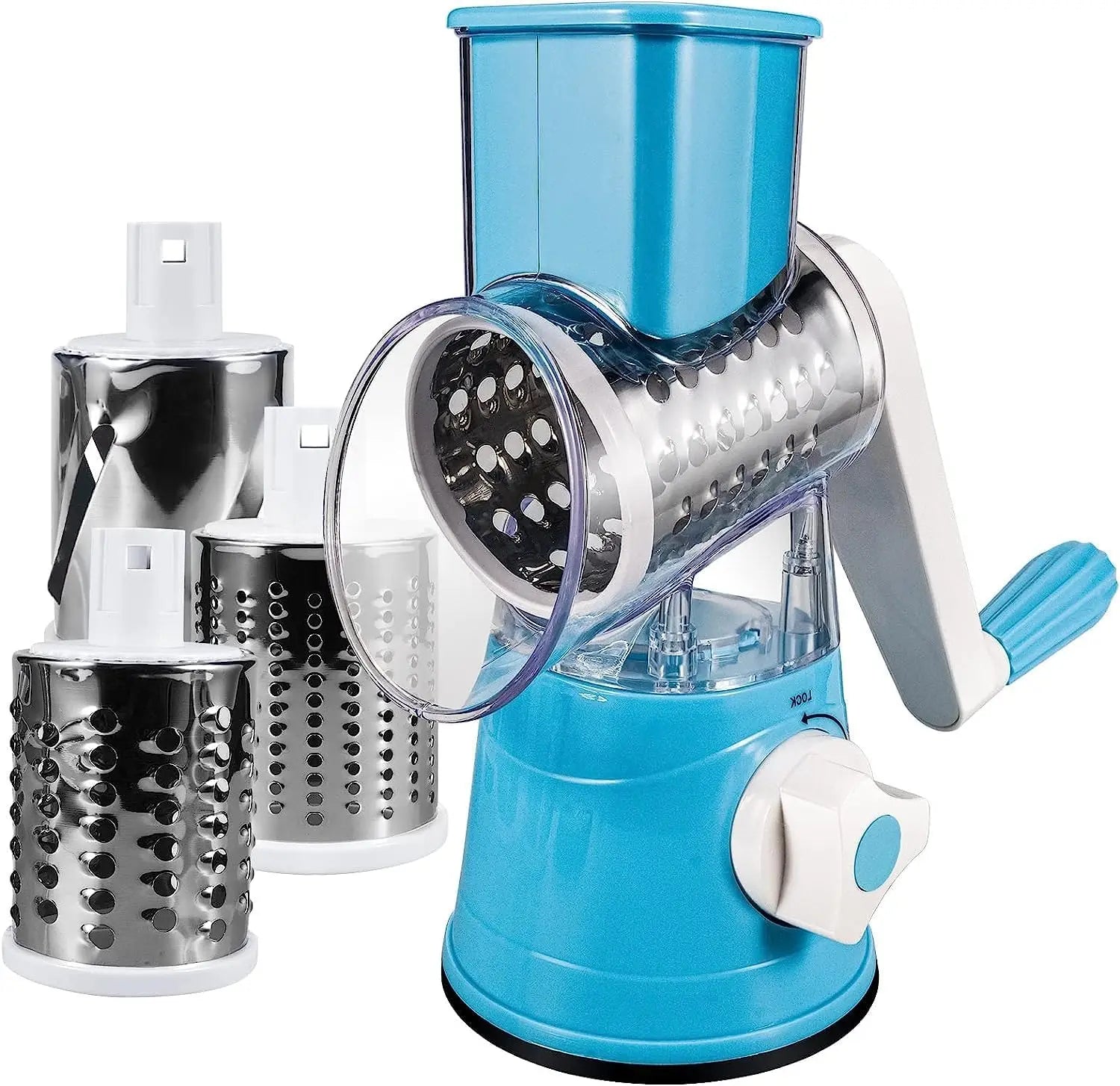 Blue manual rotary grater with three interchangeable stainless steel drums.