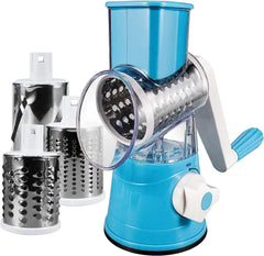 Blue manual rotary grater with three interchangeable stainless steel drums.