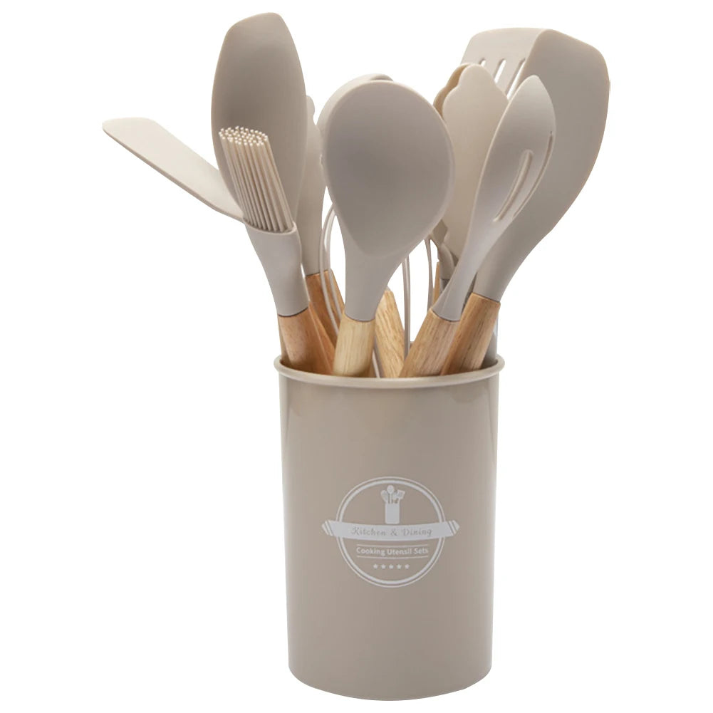 2PCS Silicone Kitchen Utensil Set with Wooden Handles