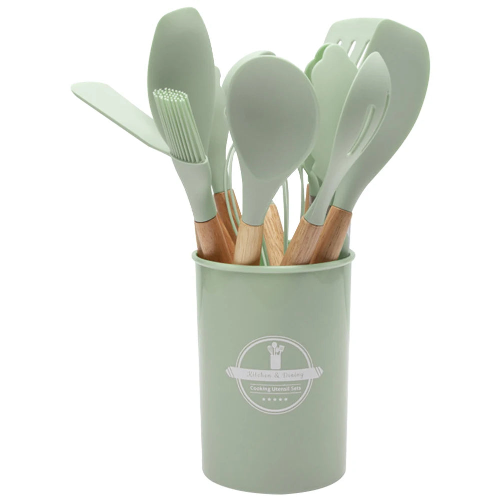 2PCS Silicone Kitchen Utensil Set with Wooden Handles