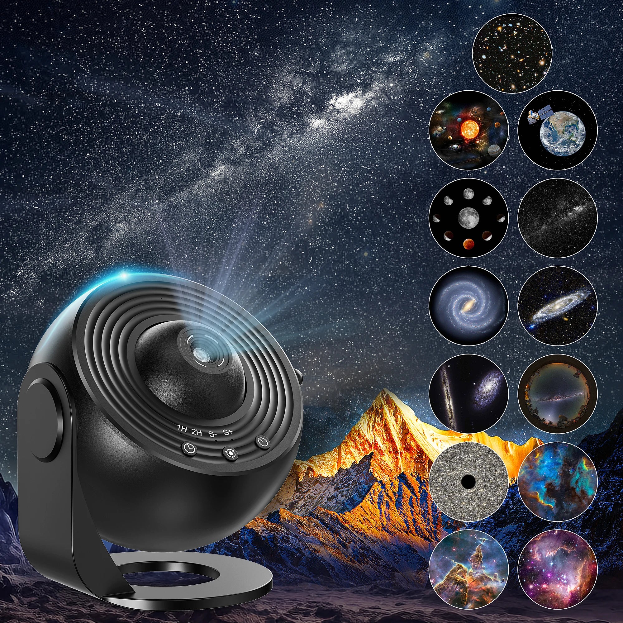 Black star projector with 12 galaxy and space scene options against mountain background.
