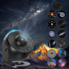 Black star projector with 12 galaxy and space scene options against mountain background.