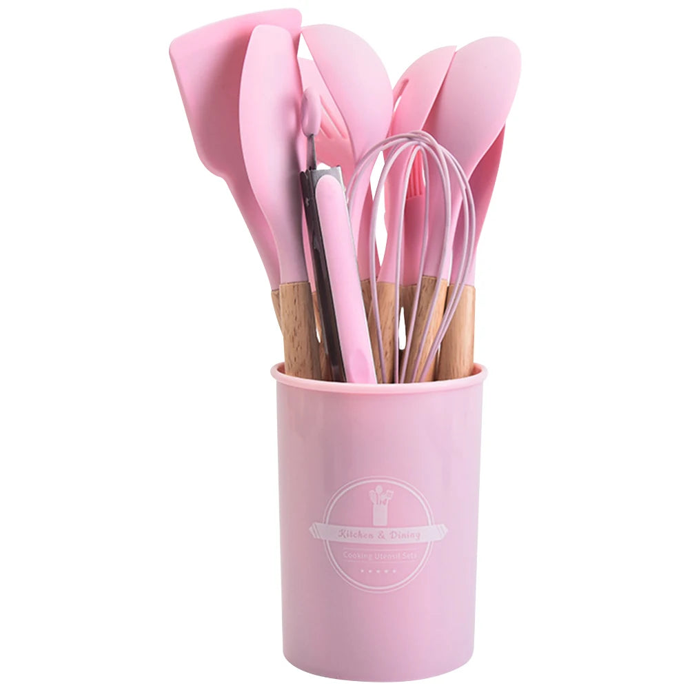 2PCS Silicone Kitchen Utensil Set with Wooden Handles