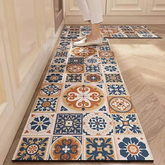 Colorful kitchen floor mat with intricate tile patterns and a person standing.