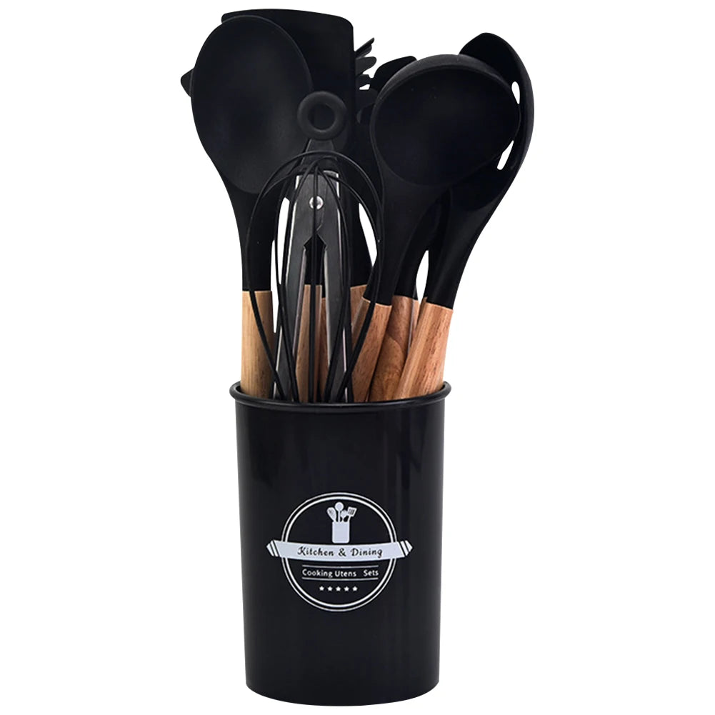2PCS Silicone Kitchen Utensil Set with Wooden Handles