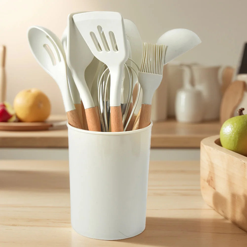 2PCS Silicone Kitchen Utensil Set with Wooden Handles