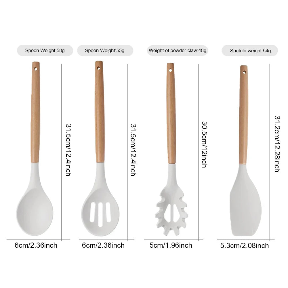 2PCS Silicone Kitchen Utensil Set with Wooden Handles