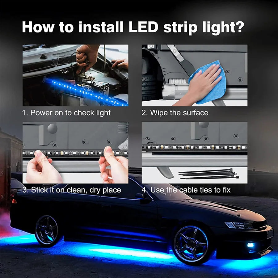 RGB Car Underglow Lights – 8-Color LED Strips with App & Remote Control