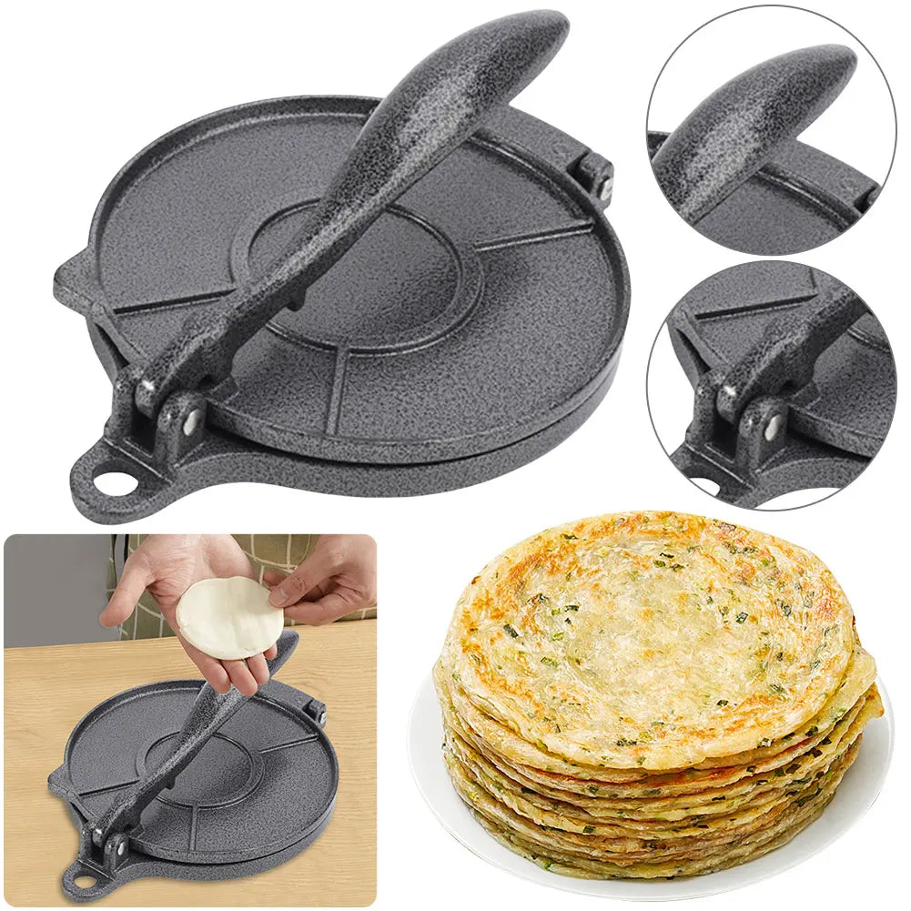 Cast iron press for flattening dough with close-ups and cooked flatbreads shown.