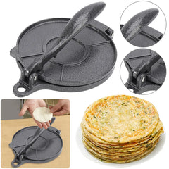 Cast iron press for flattening dough with close-ups and cooked flatbreads shown.