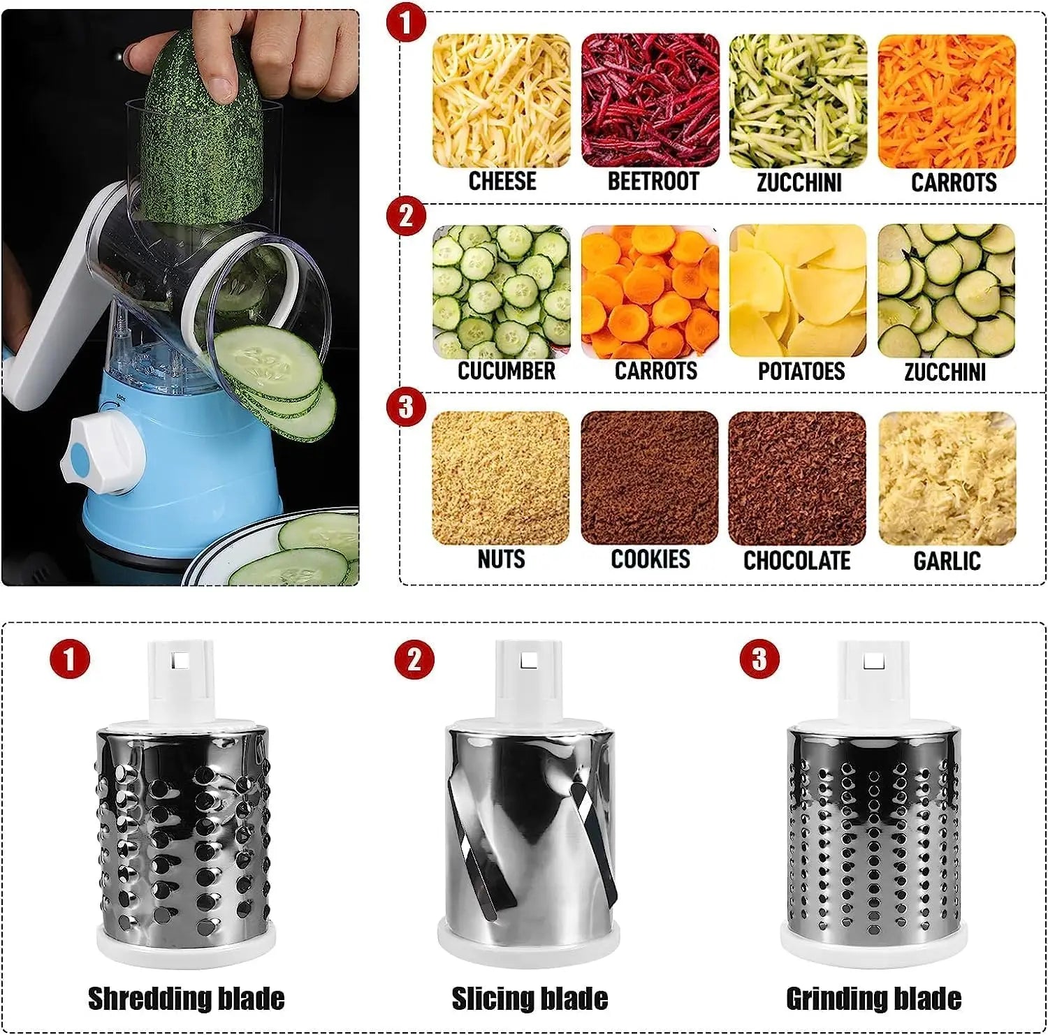 3-in-1 Rotary Cheese Grater & Slicer