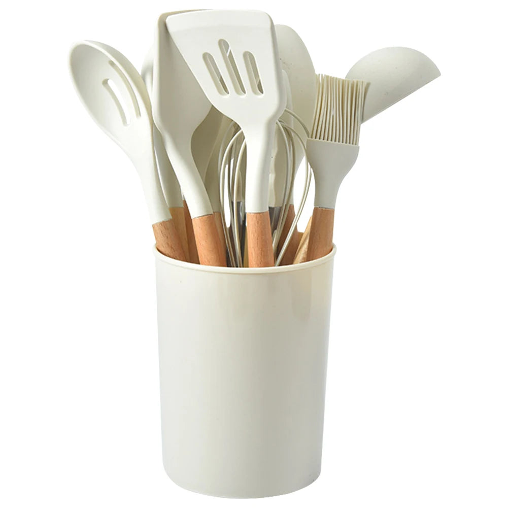 2PCS Silicone Kitchen Utensil Set with Wooden Handles